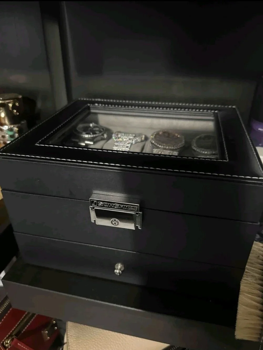 Men's Black Watch Storage Box with Glass Lid